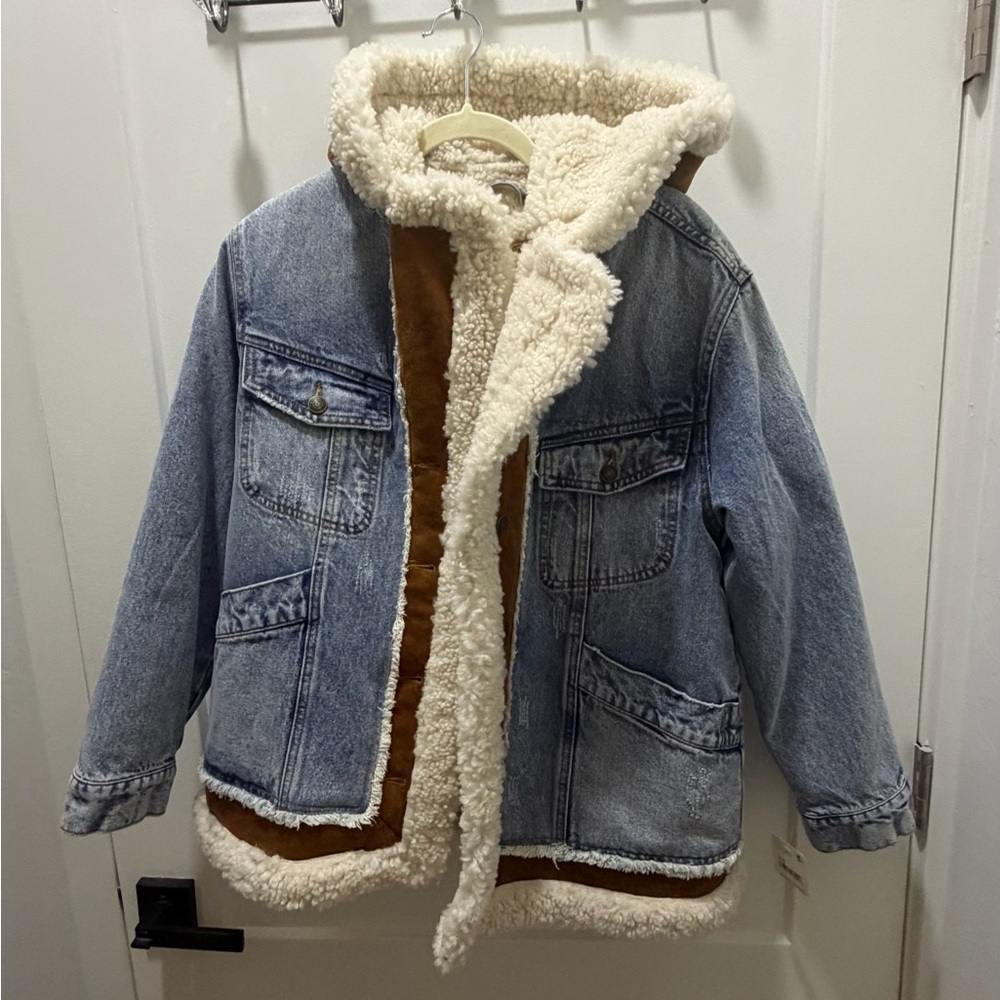 NWT Free People Denim Sherpa-Lined Hooded Jacket